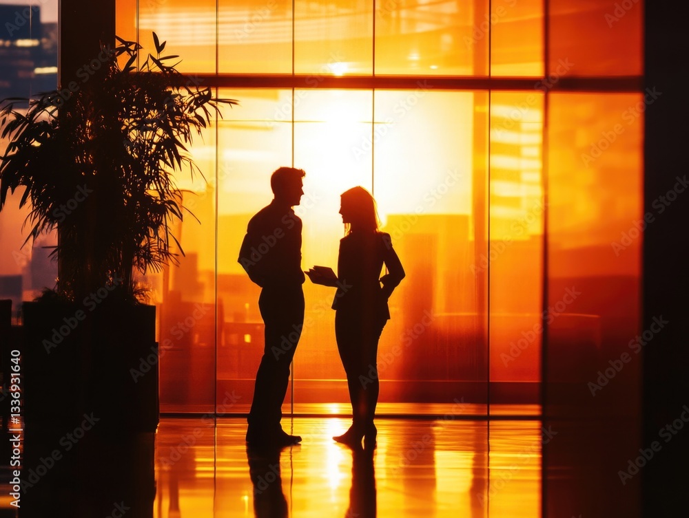 Poster a couple stands together in front of a window, looking out at an unknown view