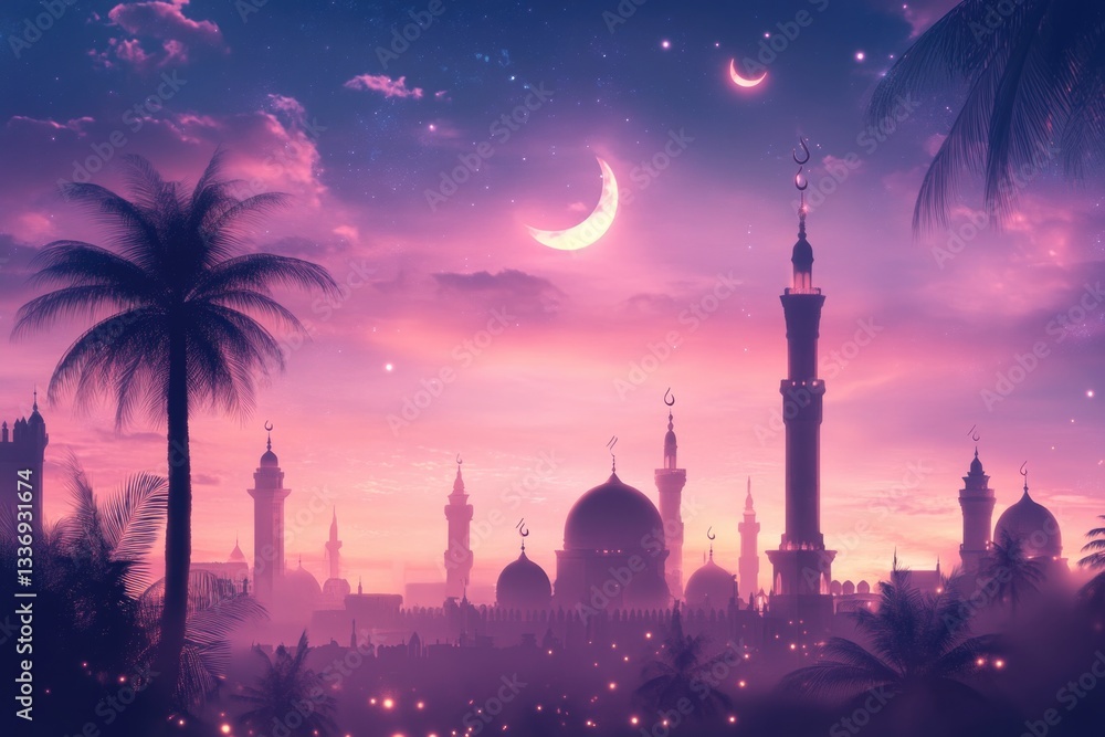 Poster nighttime city scene with palm trees and urban architecture