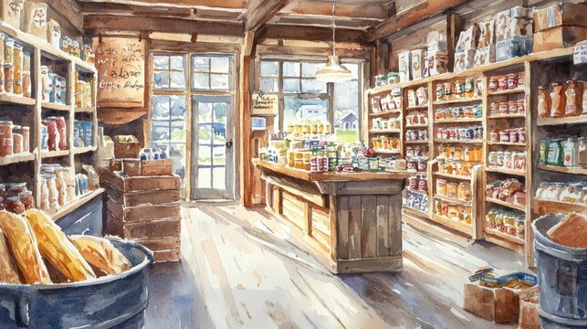 Wooden shelves filled with canned goods, jars, and packaged items create a warm atmosphere in this rustic general store during daylight. Natural light filters through large windows