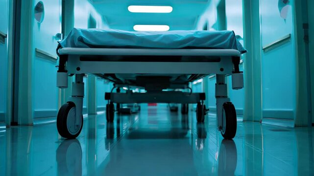 An empty hospital bed is ready for patient care in a bright corridor. The clean, sterile environment highlights the importance of healthcare and safety.