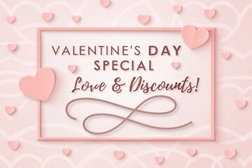 A festive Valentine's Day promotional graphic featuring hearts and the message about love and discounts.