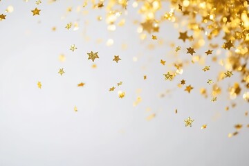 Obraz premium Sparkling Gold Star Confetti Falling on Light Grey Background Festive Design