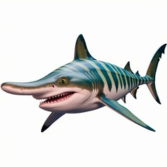 Obraz premium 3D-Rendered Cartoon Shark with Horizontal Blue and Gray Stripes Isolated on a White Background.