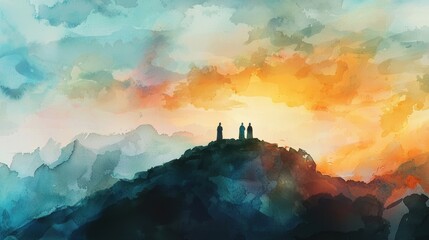 A breathtaking sunset paints the sky in vibrant hues of orange, blue, and pink. Silhouetted statues stand atop a mountain, creating a tranquil and majestic scene