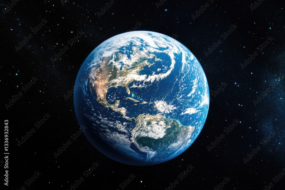 Poster A view of the Earth from space with stars in the background, ideal for use as a backdrop or illustration