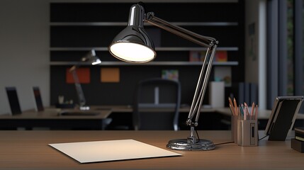 blank A4 paper on a desk, illuminated by a desk lamp with a built-in USB port, suggesting a modern and tech-savvy workspace. The light is bright and focused. blank A4 paper, desk lamp, built-in 