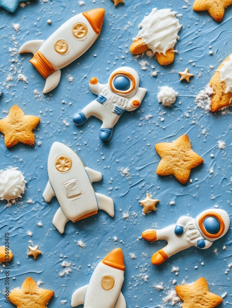 Poster a close-up shot of a cookie featuring a rocket design