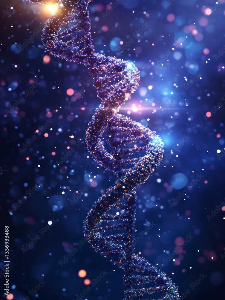 Aufkleber detailed dna structure visualized with abstract particles on a dark background