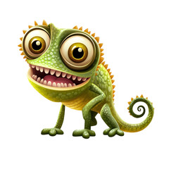 Fototapeta premium Cheerful green cartoon reptile with large yellow eyes grinning with open mouth on a transparent background