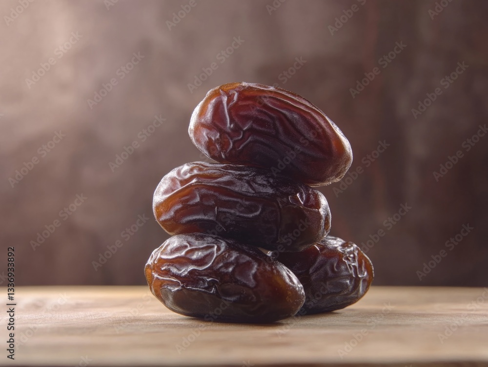 Poster a pile of dates sits on top of a wooden table, perfect for snacking or as a decorative centerpiece