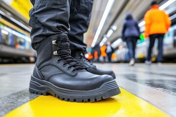 Close up of black boots on subway platform, blurred passengers and train in background.