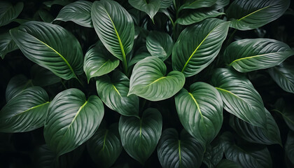 "A close-up of lush, dark green tropical leaves with a smooth texture and prominent veins. The moody lighting enhances the depth and richness of the foliage, creating a dramatic and elegant botanical 