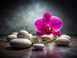 Retro Still Life: Pink Orchid & White Zen Stones on Dark Background