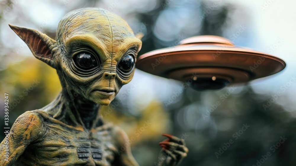 Aufkleber a close-up view of a statue featuring an alien and a flying saucer