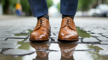 Muddy dress shoes in a puddle reflection, man wearing muddy brown dress shoes.