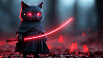 A striking illustration of a feline warrior in a cloak, wielding a sword with glowing eyes set in a mysterious forest environment, perfect for fantasy themes.