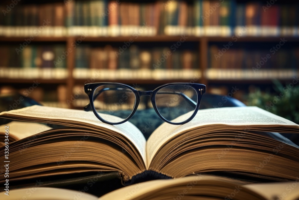 Poster a open book with glasses sitting on top, perfect for learning and reading