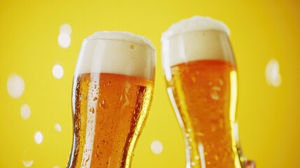 A pair of beer glasses on a bright yellow background, perfect for use in promotional materials or advertisements