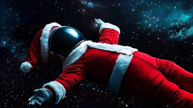 An imaginative scene shows an astronaut dressed as Santa Claus floating in the vastness of space, surrounded by twinkling stars. Perfect for holiday themes and whimsical art.