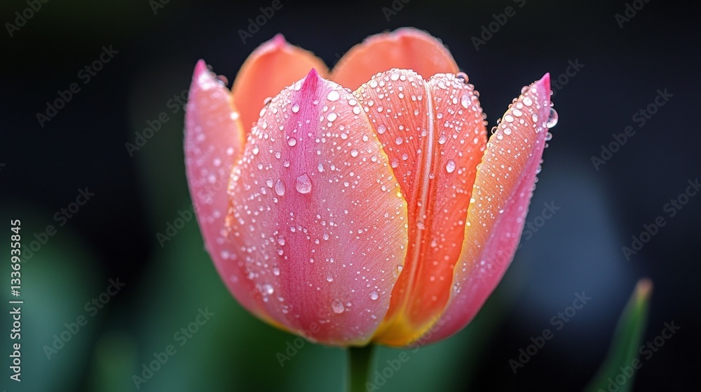 Poster glistening droplets cling to the surface of a pink tulip leaf, creating a stunning visual contrast a