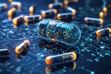 Futuristic AI-powered smart pills on a digital circuit board, symbolizing biotech and medical innovation