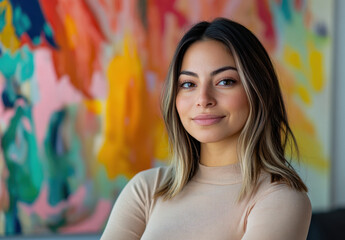 Naklejka premium Stunning Mexican woman with soft features and warm expression poses confidently against a backdrop of bright, abstract artwork