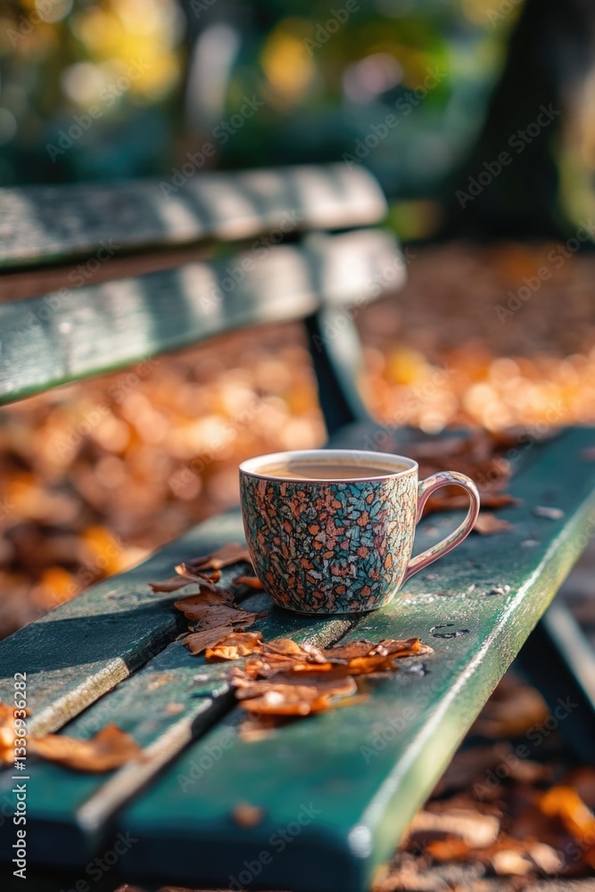 Poster a cup of coffee rests on a park bench, inviting the viewer to take a break and enjoy the scenery