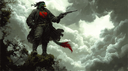 Epic Vector Artwork of Bird-Human Hybrid Gunslinger in Dramatic Cloudscape with Vibrant Feathered Outfit - Fantasy Heroic Adventure Illustration
