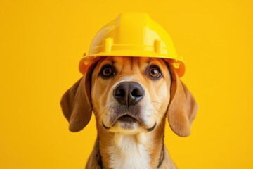 a dog wearing a hard hat on a yellow background