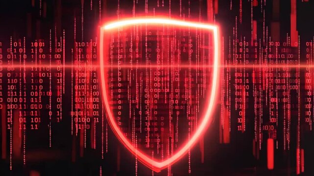 A digital shield surrounded by glowing binary code symbolizes cyber protection. This modern design highlights security concepts in technology and data safety.