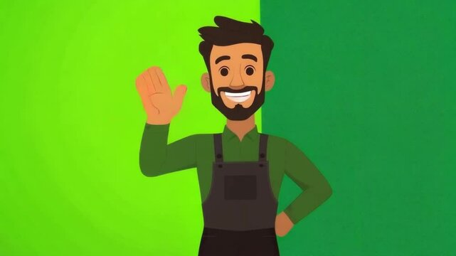 Barber welcoming client with a wave on green background
