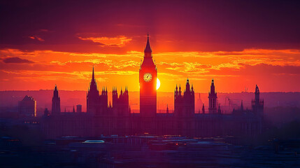 Obraz premium Sunset over the iconic Big Ben and Houses of Parliament, showcasing vibrant colors and silhouettes