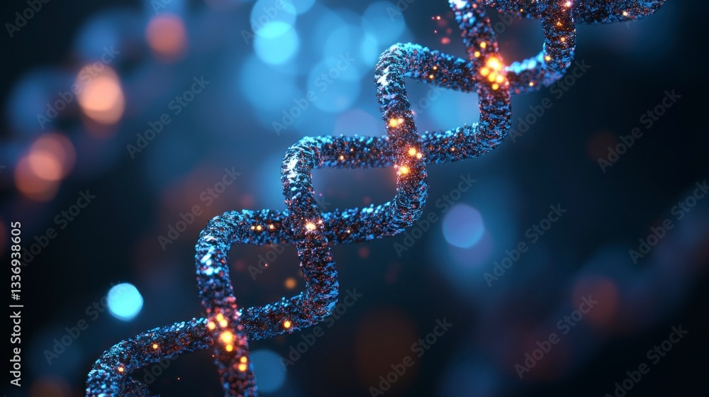 Poster abstract dna molecule structure with glowing particles and blue bokeh