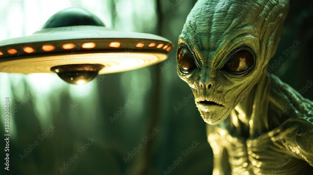 Poster Close-up view of an extraterrestrial with a spacecraft in the background, great for sci-fi or space-themed designs