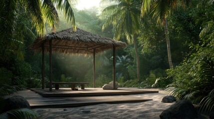 Naklejka premium Tropical thatched hut pavilion in a lush forest at sunrise