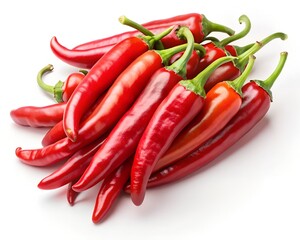 Pile of Bright Red Chili Peppers on White Background