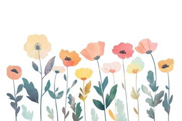 Colorful flowers with leaves illustration painting blossoms.