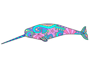 Narwhal - vector linear full color illustration. Ocean mammal animal - multicolored narwhal with patterns. Template for stained glass, batik or coloring. A sea animal with a horn is a vivid picture.  © Hanna
