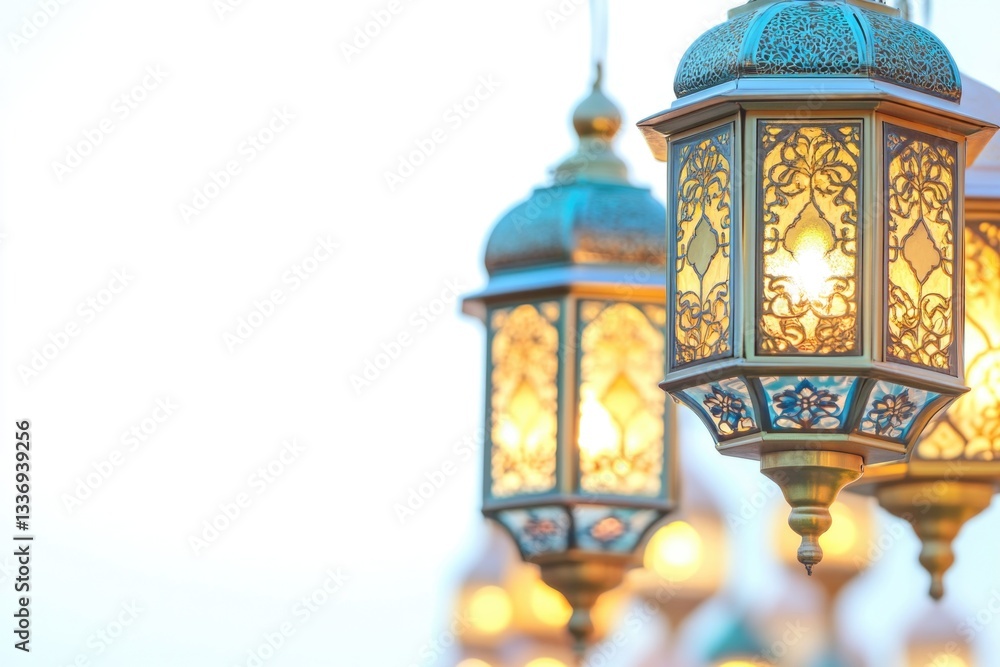 Poster close-up shot of string lights hanging from a pole, ideal for use in interior design or product phot
