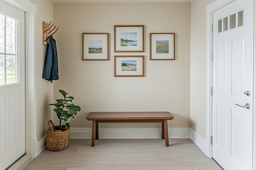 Modern Entryway Interior Design with Wooden Bench, Wall Art, and Plant
