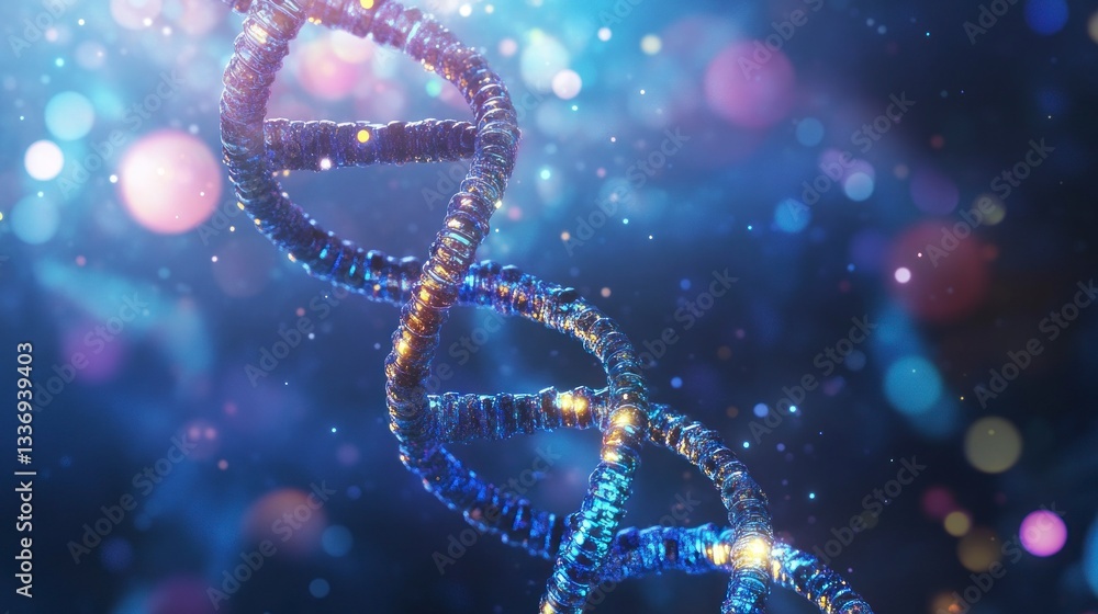 Aufkleber depiction of a double helix structure against a blue bokeh background