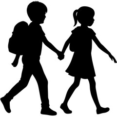 A playful silhouette of a young girl and boy holding hands and walking, with backpacks visible on their backs