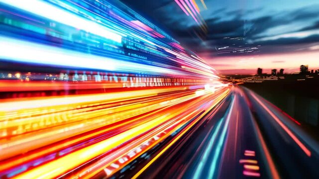 A stunning urban scene featuring vibrant light trails during dusk, creating a dynamic atmosphere of motion and energy in a city setting.