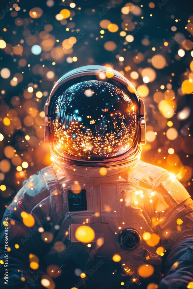 Poster an astronaut in a space suit stands near a cluster of lights, ready for their next mission
