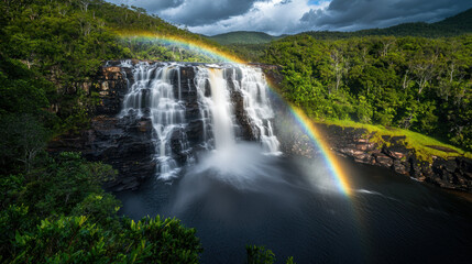 Fototapeta premium stunning waterfall cascading into serene pool, with vibrant rainbow arching across scene, surrounded by lush greenery and