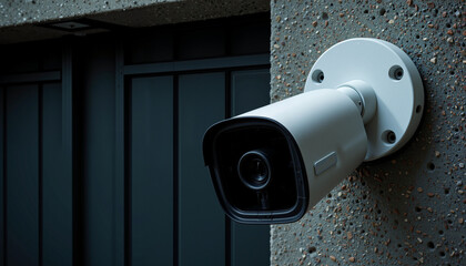 Security camera mounted on a concrete wall in urban setting  
