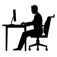 vector silhouette illustration of a businessman sitting on an office chair at a table, working on a computer 