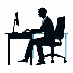 vector silhouette illustration of a businessman sitting on an office chair at a table, working on a computer 