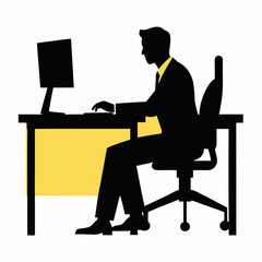 vector silhouette illustration of a businessman sitting on an office chair at a table, working on a computer 