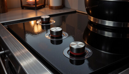 Modern kitchen stovetop with knobs and pot on a sleek surface  
